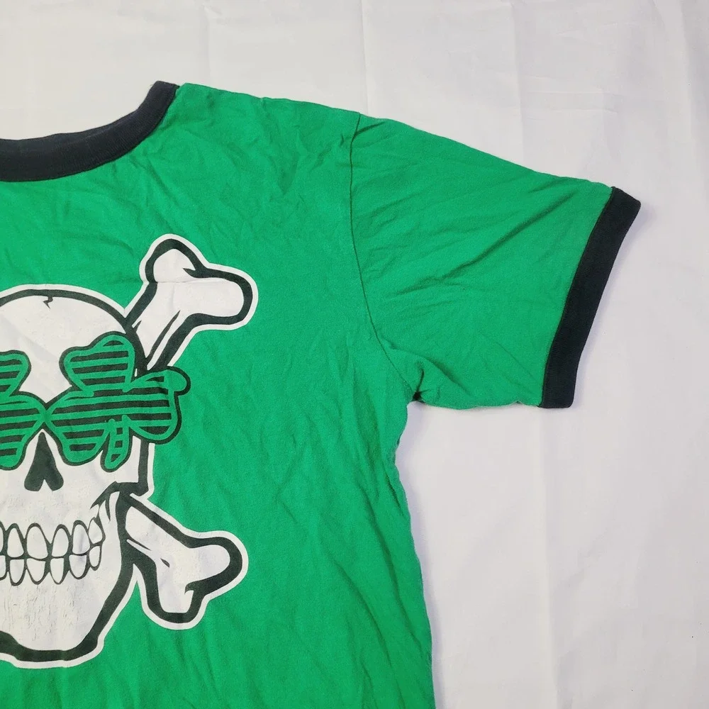 Childrens Place Boys Skull Shamrock Ringer T-Shirt XL 14 Green B73